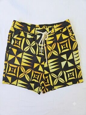 Men's Bold Black & Yellow Geometric Fully Lined Swim Trunks Snover NWT Medium